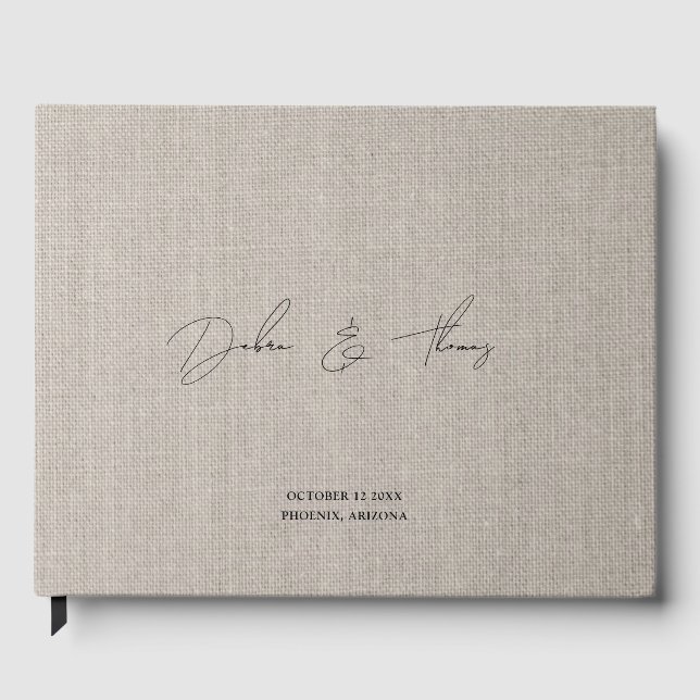 Personalized Wedding Modern Minimalist Faux Linen Guest Book (Front)