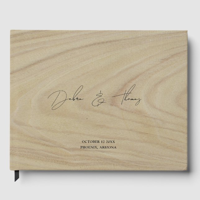 Personalized Wedding Modern Minimalist Faux Wood Guest Book (Front)
