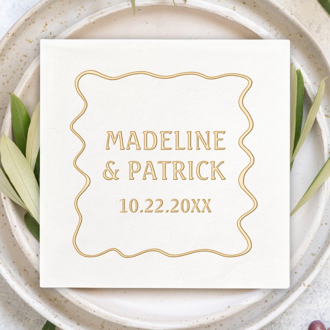 Personalized Wedding Modern Wavy Border Party Foil Napkins (Personalized Custom Wavy Border Wedding Cocktail Napkins Custom Name & Date Modern Simple Minimalist)