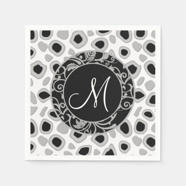 Personalized Wedding Monogram Black White Grey Napkins (Front)