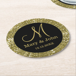 Personalized Wedding Monogram Glitter Gold Round Paper Coaster