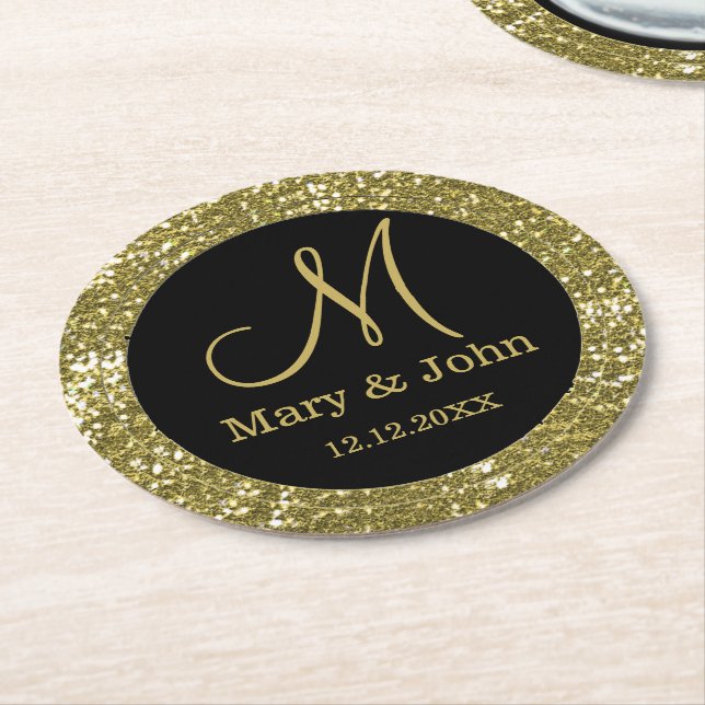 Personalized Wedding Monogram Glitter Gold Round Paper Coaster (Angled)