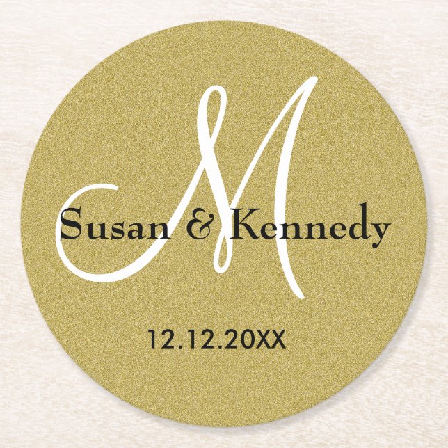 Personalized Wedding Monogram Gold Glitter Round Paper Coaster (Front)