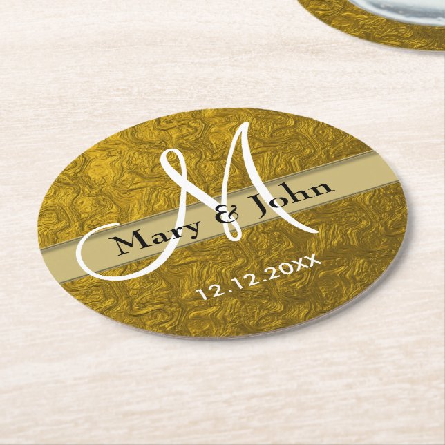 Personalized Wedding Monogram Gold Pattern Round Paper Coaster (Angled)