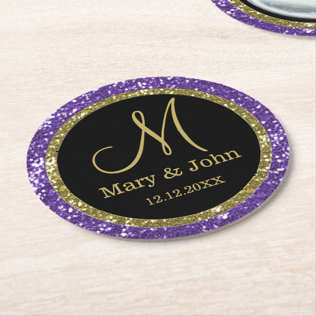 Personalized Wedding Monogram Gold Purple Glitter Round Paper Coaster (Angled)