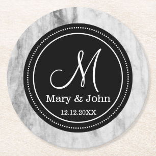 Personalized Wedding Monogram Marble Pattern Round Paper Coaster