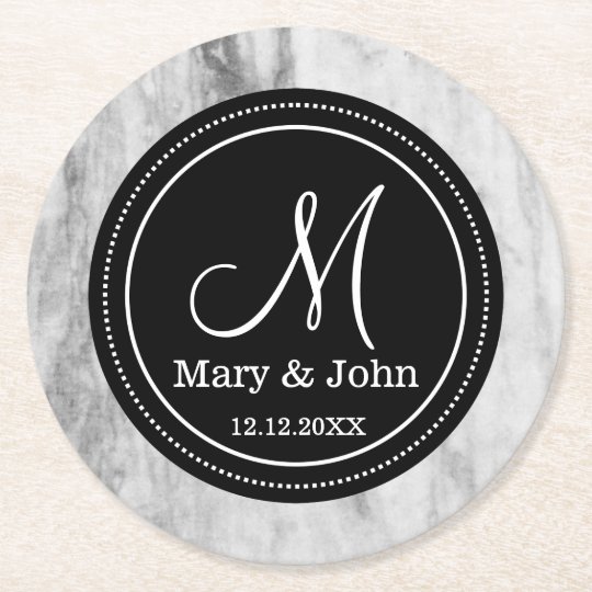 Personalized Wedding Monogram Marble Pattern Round Paper Coaster