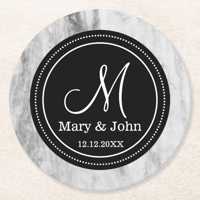 Personalized Wedding Monogram Marble Pattern Round Paper Coaster (Front)