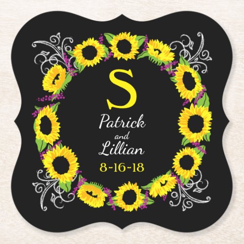 Personalized Wedding Monogram Sunflower Wreath Paper Coaster