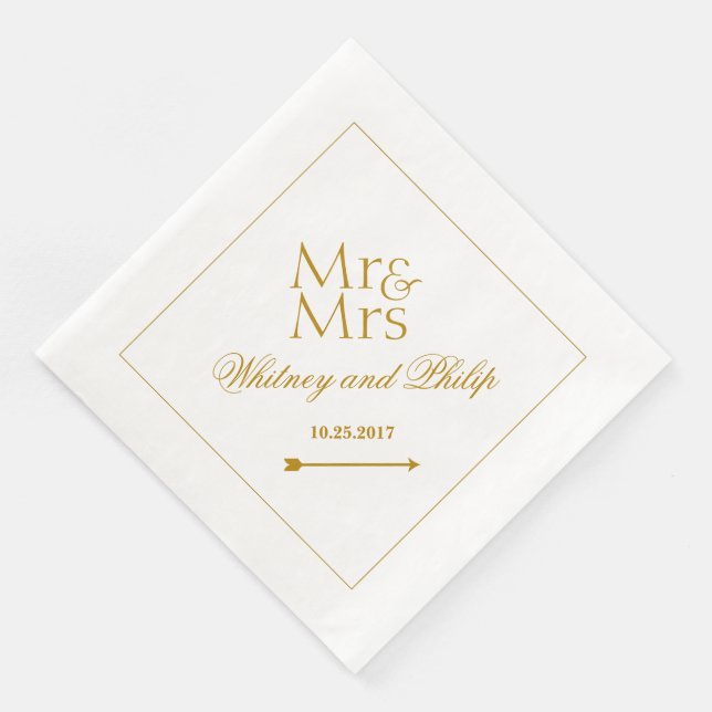 Personalized Wedding Mr Mrs Gold Paper Dinner Napkins (Corner)
