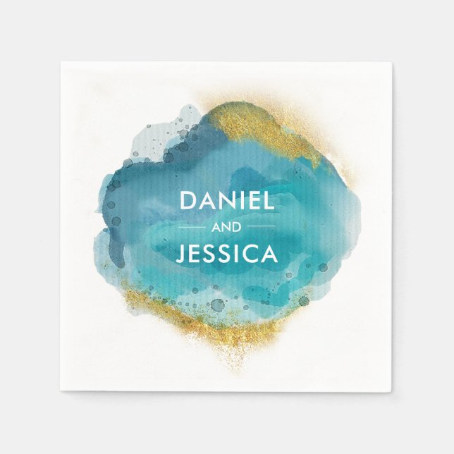 Personalized Wedding Napkin | blue and gold (Front)