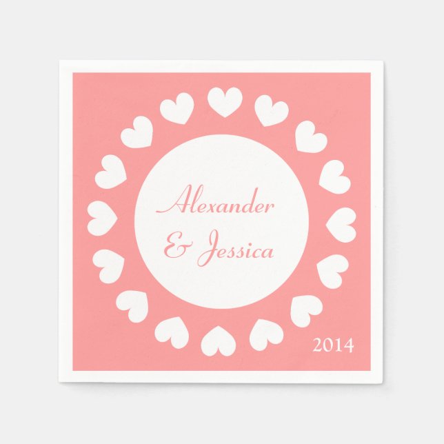Personalized wedding napkins | coral with hearts (Front)