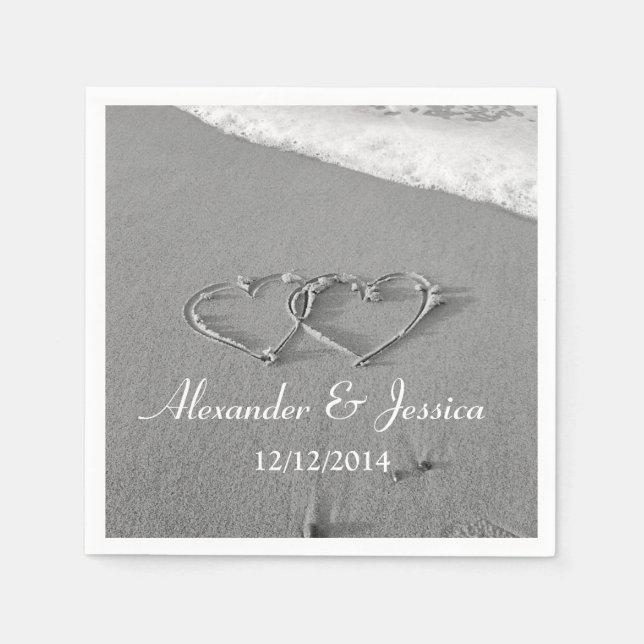 Personalized wedding napkins | drawn heart in sand (Front)