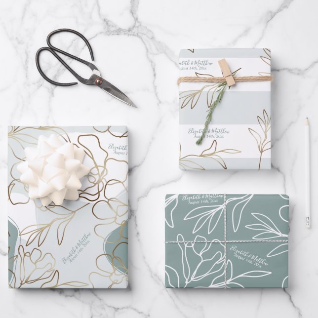 Personalized Wedding Natural Green Abstract Floral Wrapping Paper Sheets (Front)