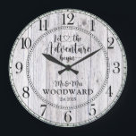 Personalized Wedding Newlyweds Adventure Begins Large Clock<br><div class="desc">A rustic modern white washed barn wood shiplap monogrammed wedding wall clock with date established,  and the phrase: "let the adventure begin".</div>