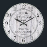 Personalized Wedding Newlyweds Adventure Begins Large Clock<br><div class="desc">A rustic modern white washed barn wood shiplap monogrammed wedding wall clock with date established,  and the phrase: "let the adventure begin".</div>