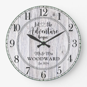 Personalized Wedding Newlyweds Adventure Begins Large Clock