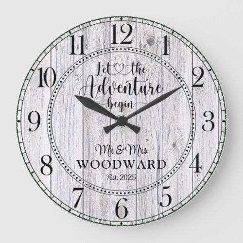 Personalized Wedding Newlyweds Adventure Begins Large Clock