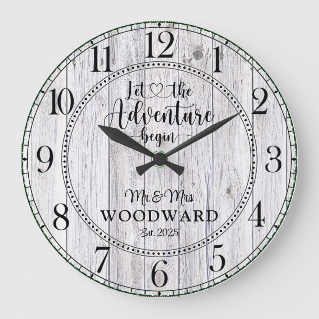 Personalized Wedding Newlyweds Adventure Begins Large Clock (Front)