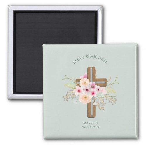 Personalized Wedding or Anniversary Floral Cross Magnet