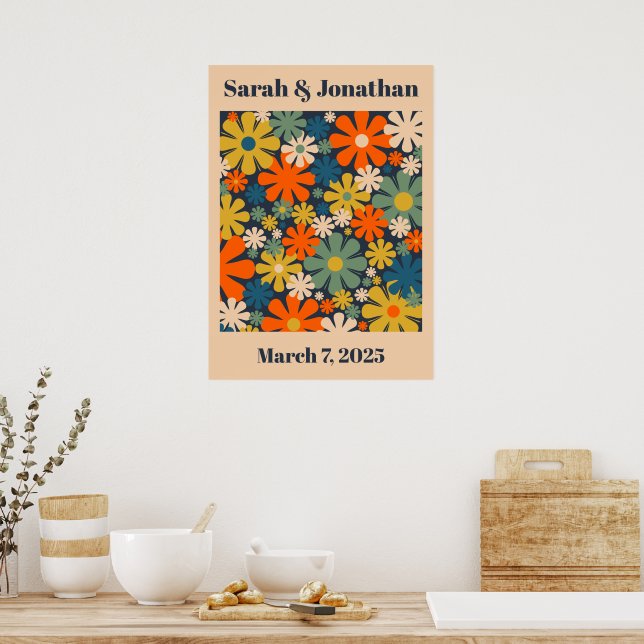 Personalized Wedding or Anniversary Retro Floral Poster (Kitchen)