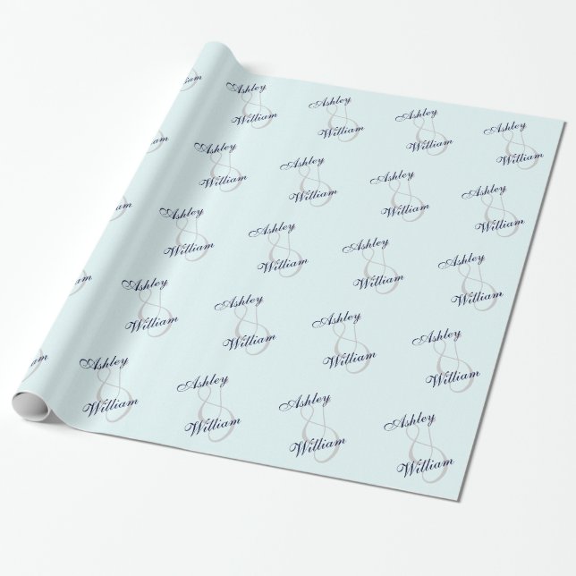 Personalized Wedding or Engagement Gift Wrap Blue (Unrolled)
