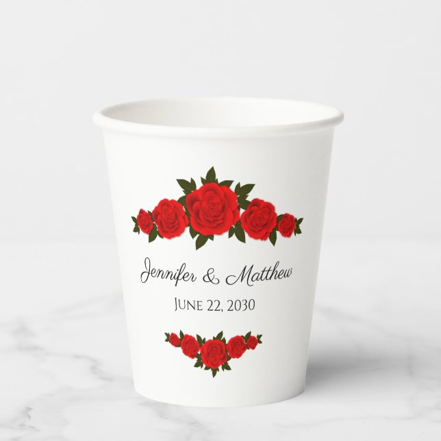 Personalized Wedding Paper Cups with Red Roses (Front)