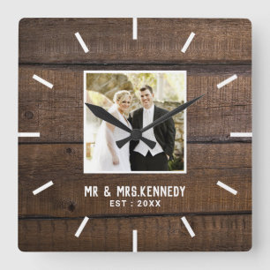 Personalized Wedding Photo Anniversary Barnwood Square Wall Clock