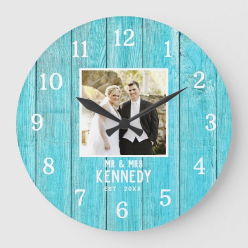 Personalized Wedding Photo Anniversary Blue Wood Large Clock