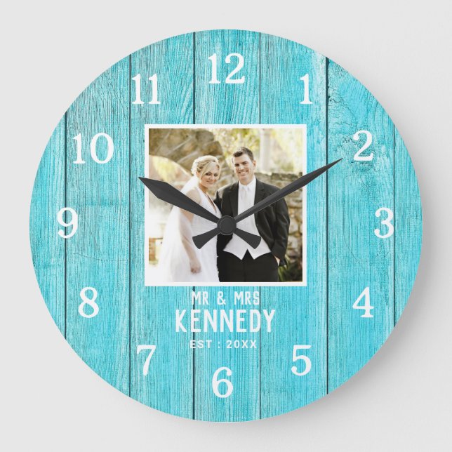 Personalized Wedding Photo Anniversary Blue Wood Large Clock (Front)