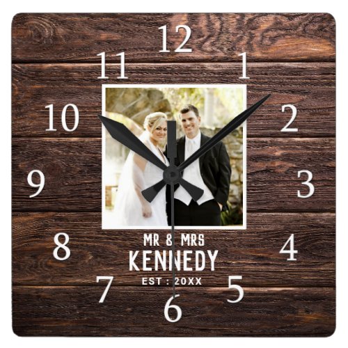Personalized Wedding Photo Anniversary Brown Wood Square Wall Clock