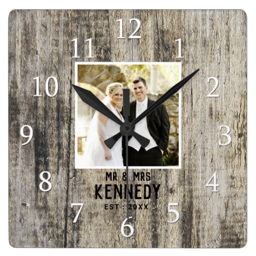 Personalized Wedding Photo Anniversary Rustic Wood Square Wall Clock