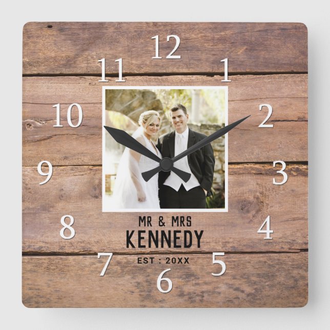 Personalized Wedding Photo Anniversary Rustic Wood Square Wall Clock (Front)