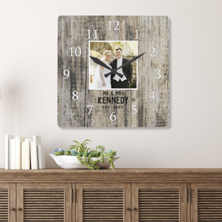 Personalized Wedding Photo Anniversary Rustic Wood Square Wall Clock