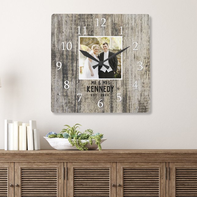 Personalized Wedding Photo Anniversary Rustic Wood Square Wall Clock (Creator Uploaded)