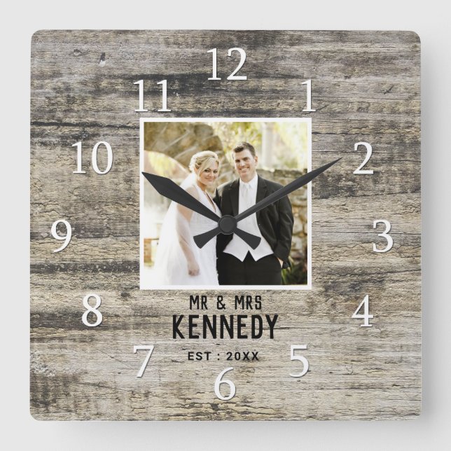 Personalized Wedding Photo Anniversary Rustic Wood Square Wall Clock (Front)