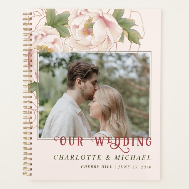 Personalized Wedding Photo Blush Pink Peony Floral Planner (Front)