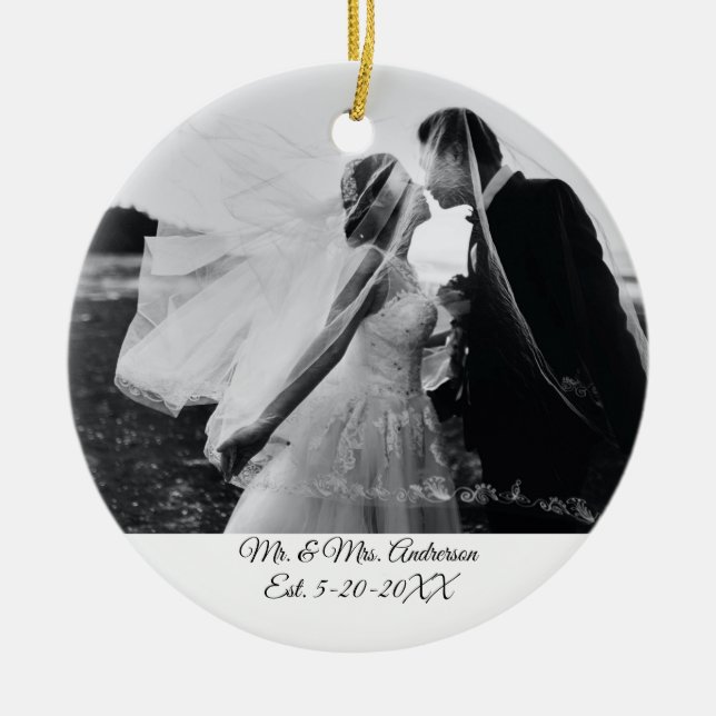 Personalized Wedding Photo Christmas Ceramic Ornament (Front)