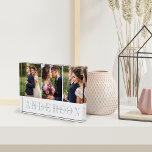 Personalized Wedding Photo Collage Block<br><div class="desc">Elegant wedding photo collage block features three favorite wedding photos aligned side by side. Your surname or family name appears beneath in chic gray with your names and wedding date overlaid on a transparent white stripe.</div>