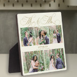 Personalized wedding photo collage Mr and Mrs Plaque<br><div class="desc">Elegant classic faux gold romantic calligraphy script Mr. and Mrs. 5 photo collage,  name and wedding date personalized cream ivory plaque.</div>