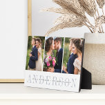 Personalized Wedding Photo Collage Plaque<br><div class="desc">Elegant wedding photo collage plaque features three vertical or portrait oriented photos aligned side by side. Your surname or family name appears beneath in chic gray with your names and wedding date overlaid on a transparent white band.</div>