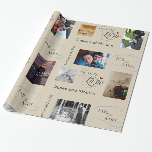 Personalized Wedding Photo Collage w/ CustomText Wrapping Paper (Unrolled)