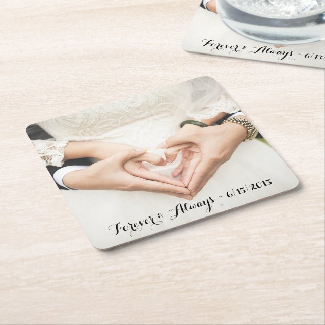 Personalized Wedding Photo Forever & Always Square Paper Coaster (Angled)