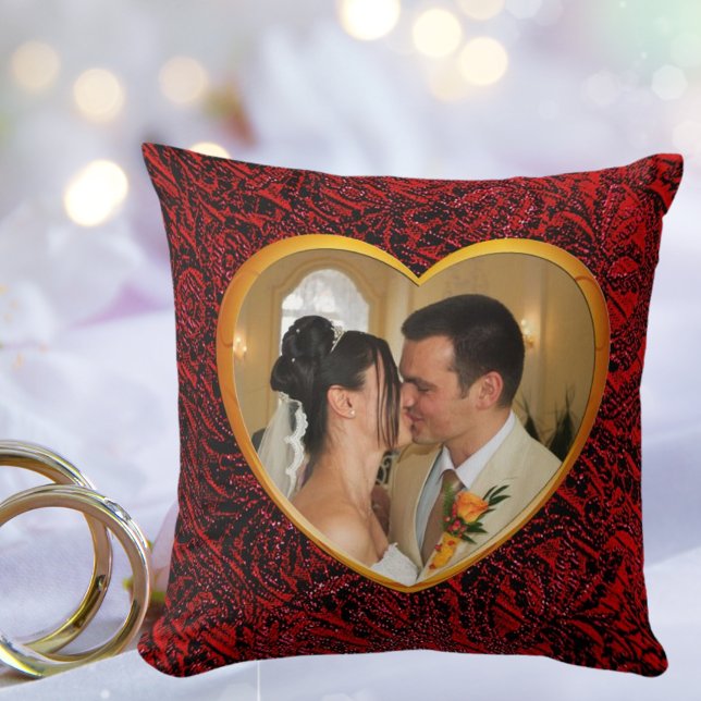 Personalized Wedding Photo Gold Heart Frame Artsy Throw Pillow (Personalized Wedding Photo Gold Heart Frame Artsy Throw Pillow)