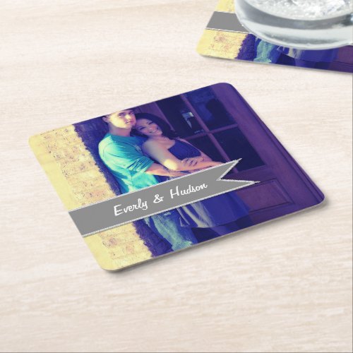 Personalized Wedding Photo Gray Modern Tag Square Paper Coaster