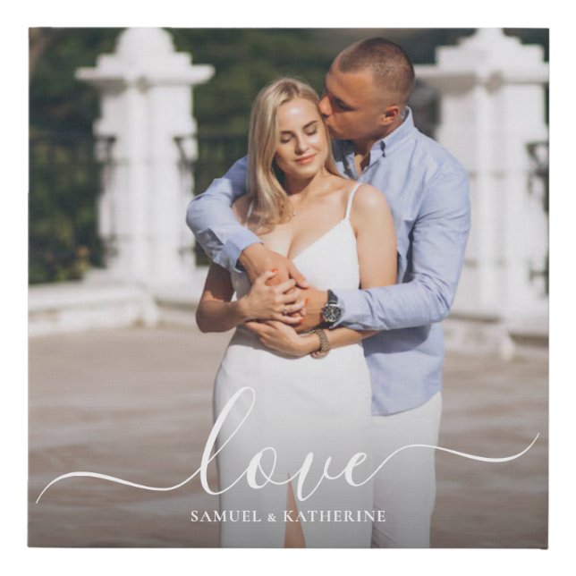 Personalized Wedding Photo Love Script Faux Canvas Print (Front)
