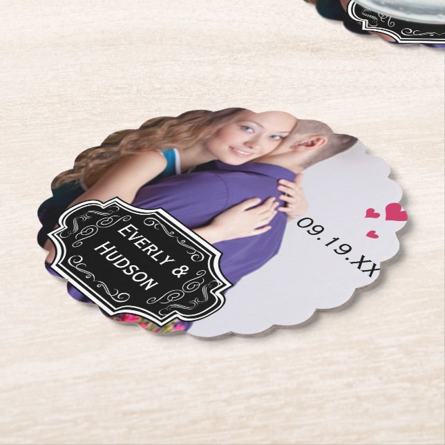 Personalized Wedding Photo Modern Chalkboard Paper Coaster (Angled)