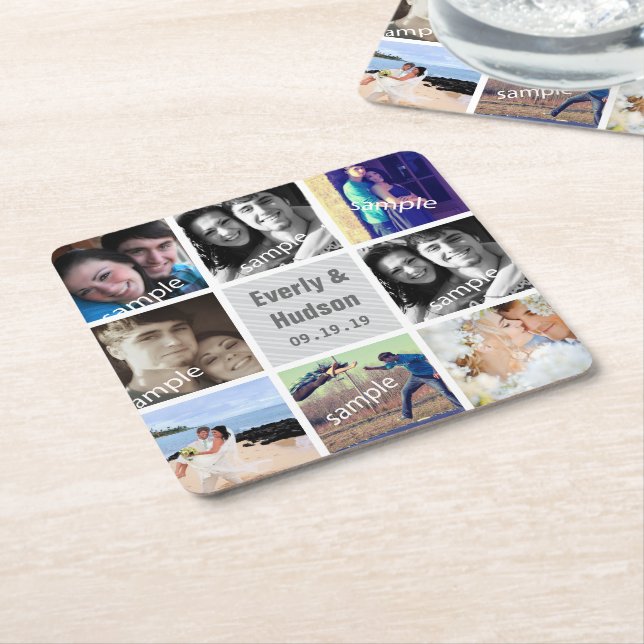 Personalized Wedding Photo Modern Collage Square Paper Coaster (Angled)