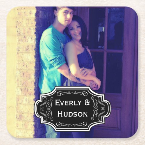 Personalized Wedding Photo Modern Tag Square Paper Coaster