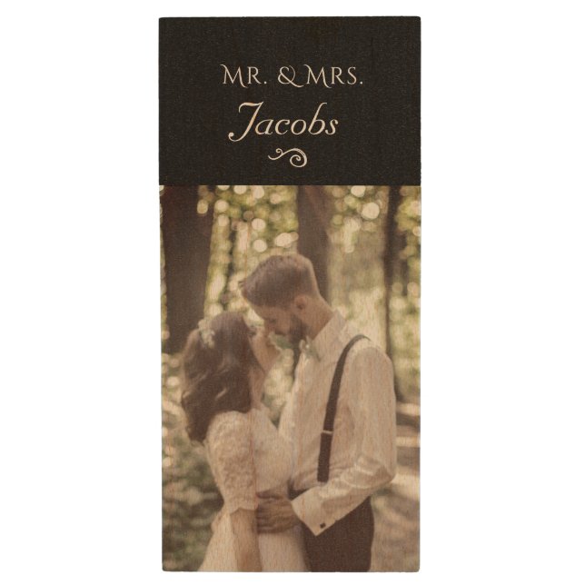Personalized Wedding Photo Monogram Wood Flash Drive (Front Vertical)